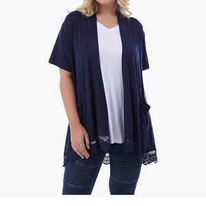 Women's Short Sleeve Navy Cardigan Lace Trim Pockets Open Front XL